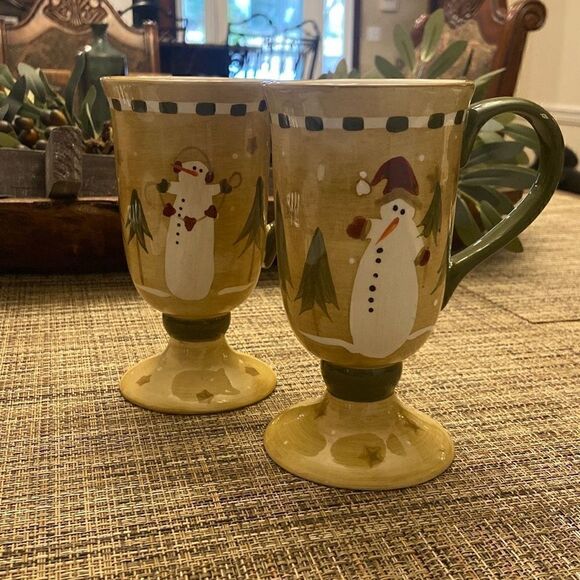 Sonoma Lifestyle Snowman Footed Pedestal Coffee Mugs Christmas Holiday Set of 2 - Picture 8 of 12